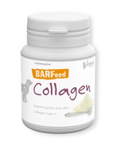 O Suplemento de Colagénio Barfeed Vetfood para Cães e Gatos contém colagénio tipo II presente na cartilagem, nos tendões e na pele.