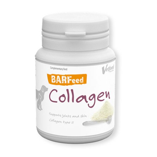 O Suplemento de Colagénio Barfeed Vetfood para Cães e Gatos contém colagénio tipo II presente na cartilagem, nos tendões e na pele.