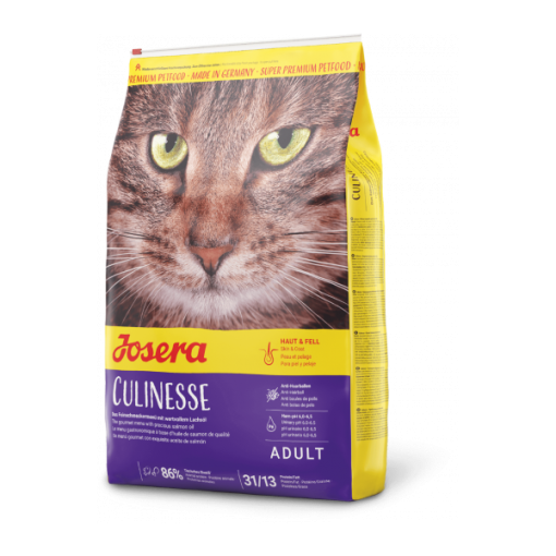 Josera Culinesse é uma ração seca para gatos adultos exigentes, que contém salmão de qualidade superior e óleo de salmão.