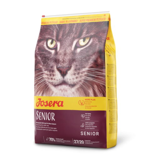 Josera Senior é a ração seca para o gato sénior com insuficiência renal crónica, devido à dose extra de antioxidantes essenciais e teor reduzido de fósforo.