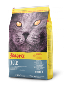 Josera Léger é uma ração seca para gato adulto de interior para controlo de peso, com teor energético reduzido e maior conteúdo de fibras.