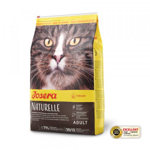 Josera Naturelle é uma ração seca para gato adulto esterilizado, formulado sem cereais e com truta e lentilhas, com teor moderado de gorduras