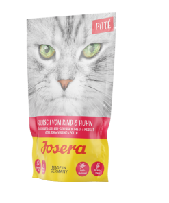 Josera alimento em patê para gato adulto de vaca e frango contém ainda ómegas 3 e 6, do óleo de salmão, e fibras alimentares da casca de psílio.