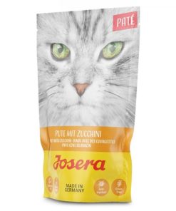 Josera alimento em patê para gato adulto com peru e curgete e contém ómegas 3 e 6, do óleo de salmão, e fibras alimentares da casca de psílio.