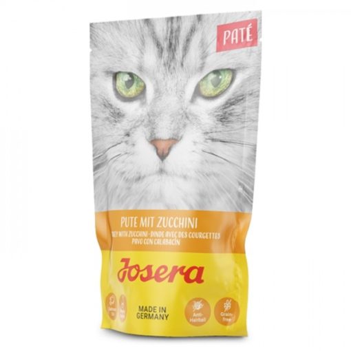 Josera alimento em patê para gato adulto com peru e curgete e contém ómegas 3 e 6, do óleo de salmão, e fibras alimentares da casca de psílio.