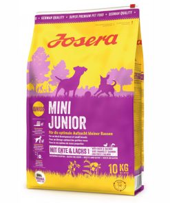 Josera Mini Junior é uma ração seca para cachorro de porte pequeno, à base de pato e salmão, indicado a partir da terceira semana de vida.