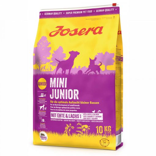 Josera Mini Junior é uma ração seca para cachorro de porte pequeno, à base de pato e salmão, indicado a partir da terceira semana de vida.