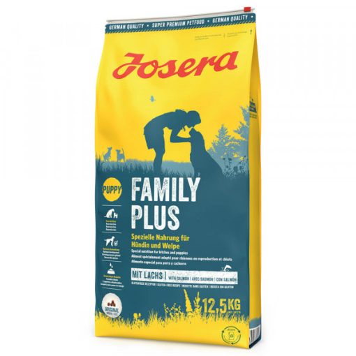 Josera Family Plus é uma ração seca de salmão para cachorros e cadelas lactantes, desde o último trimestre da gravidez até final do período de amamentação.