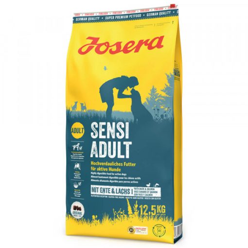 Josera Sensi Adult é uma ração seca para cão ativo, à base de pato e salmão, sem glúten, adequada a cães adultos de porte atlético e com sensibilidades.