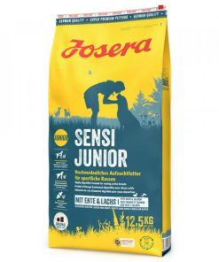Josera Sensi Junior é uma ração seca para cachorros de porte médio/grande com sensibilidades, à base de pato e salmão, sem glúten.