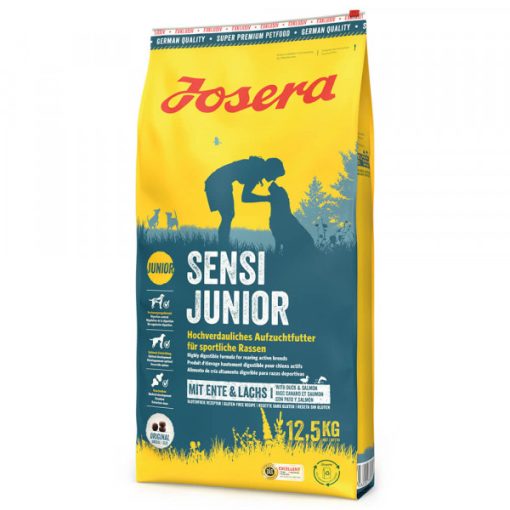 Josera Sensi Junior é uma ração seca para cachorros de porte médio/grande com sensibilidades, à base de pato e salmão, sem glúten.