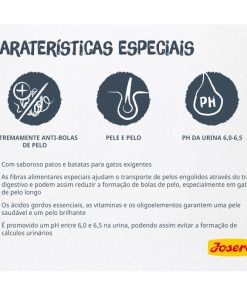 Josera Catelux é uma ração seca para gato adulto de pelo comprido, ideal para minimizar a formação de bolas de pelo e tem na sua constituição pato e batata.