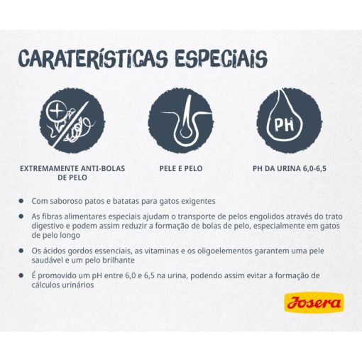 Josera Catelux é uma ração seca para gato adulto de pelo comprido, ideal para minimizar a formação de bolas de pelo e tem na sua constituição pato e batata.