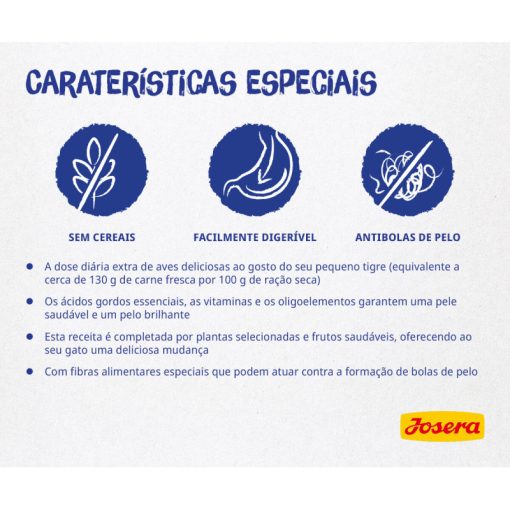 Josera DailyCat Grainfree é uma ração seca sem cereais para gatos adultos que adoram carne de aves e precisam de uma dieta sem cereais.