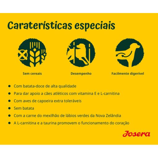 Josera Nature Energetic é uma ração seca para cão adulto, com aves e batata doce, sem cereais. É uma nutrição de alta performance para cães enérgicos