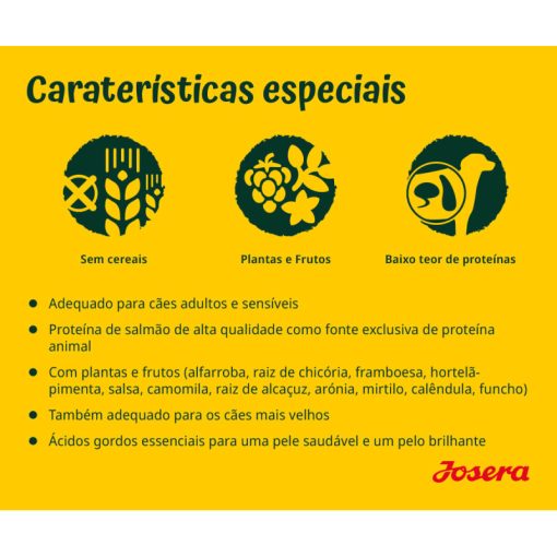 Josera de salmão e batata é uma ração seca para cão adulto, especialmente formulado para cães adultos sensíveis, com uma fórmula sem cereais.