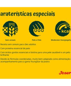 Josera adulto de Pato e Batata é uma ração seca para cão adulto formulada com 25% de carne de pato seca. Com biotina, ácidos gordos, L-carnitina e taurina.