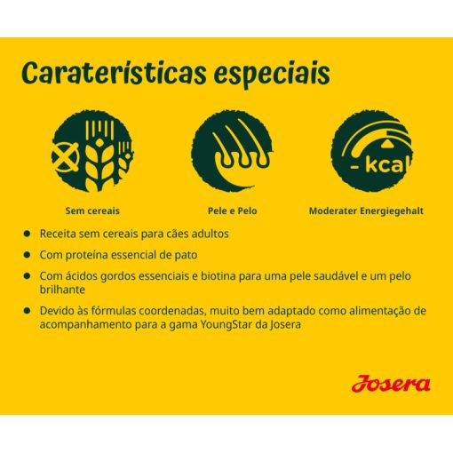 Josera adulto de Pato e Batata é uma ração seca para cão adulto formulada com 25% de carne de pato seca. Com biotina, ácidos gordos, L-carnitina e taurina.