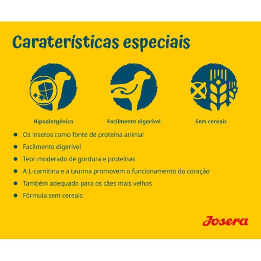 Josera Hypoallergenic é uma ração seca para cão adulto com alergias / sensíveis. Uma receita sem cereais, com uma só fonte de proteínas: o inseto.