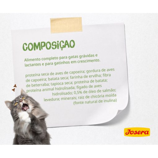 Josera Kitten GrainFree é uma ração seca sem cereais para gatinho, até aos 12 meses de idade, e gatas gestantes ou lactantes.