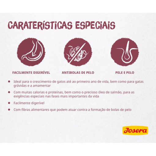 Josera Kitten é uma ração seca gatinhos, até aos 12 meses de idade, e gatas gestantes ou lactantes. É uma ração seca de fácil digestão.