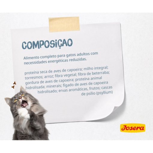 Josera Léger é uma ração seca para gato adulto de interior para controlo de peso, com teor energético reduzido e maior conteúdo de fibras.