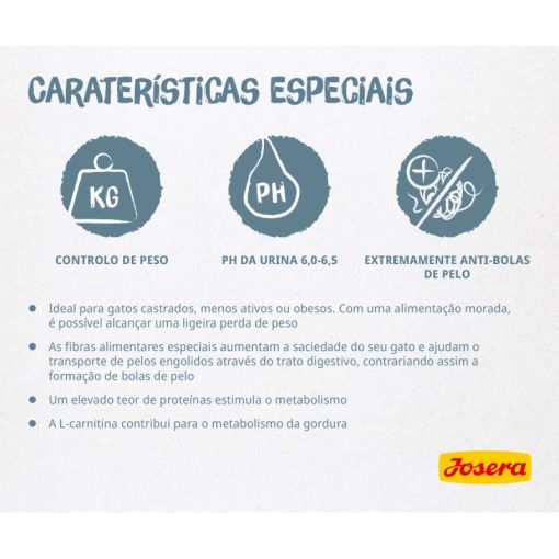 Josera Léger é uma ração seca para gato adulto de interior para controlo de peso, com teor energético reduzido e maior conteúdo de fibras.