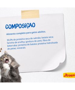 Josera Marinesse é uma ração seca para gato adulto, sem cereais e rica em salmão, o que a torna ideal para gatos que adoram peixe e sensíveis.