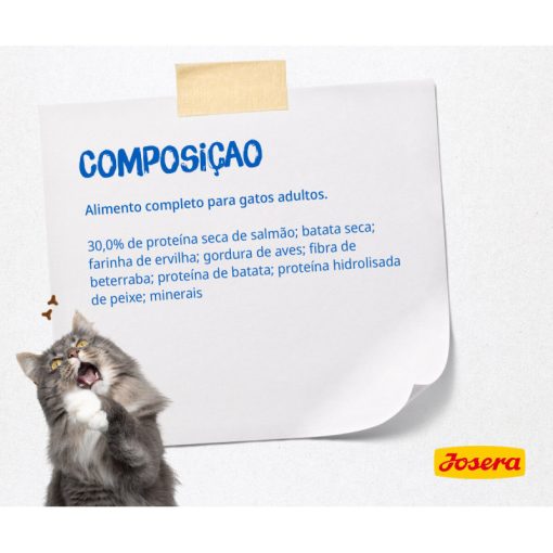 Josera Marinesse é uma ração seca para gato adulto, sem cereais e rica em salmão, o que a torna ideal para gatos que adoram peixe e sensíveis.