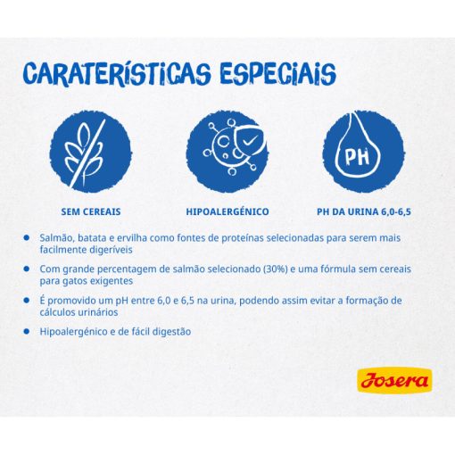 Josera Marinesse é uma ração seca para gato adulto, sem cereais e rica em salmão, o que a torna ideal para gatos que adoram peixe e sensíveis.