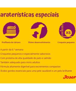 Josera Mini Junior é uma ração seca para cachorro de porte pequeno, à base de pato e salmão, indicado a partir da terceira semana de vida.