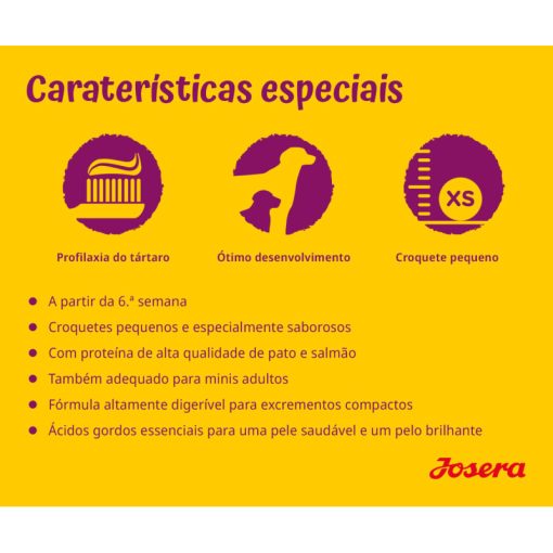 Josera Mini Junior é uma ração seca para cachorro de porte pequeno, à base de pato e salmão, indicado a partir da terceira semana de vida.