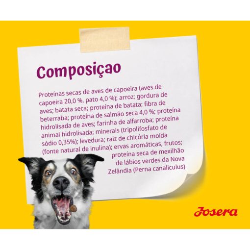 Josera Mini Junior é uma ração seca para cachorro de porte pequeno, à base de pato e salmão, indicado a partir da terceira semana de vida.