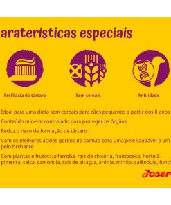 Josera Mini Senior é uma ração seca sem cereais à base de salmão e batata doce, para cães seniores mini, a partir dos 8 anos.