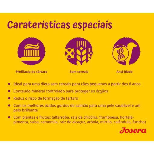Josera Mini Senior é uma ração seca sem cereais à base de salmão e batata doce, para cães seniores mini, a partir dos 8 anos.