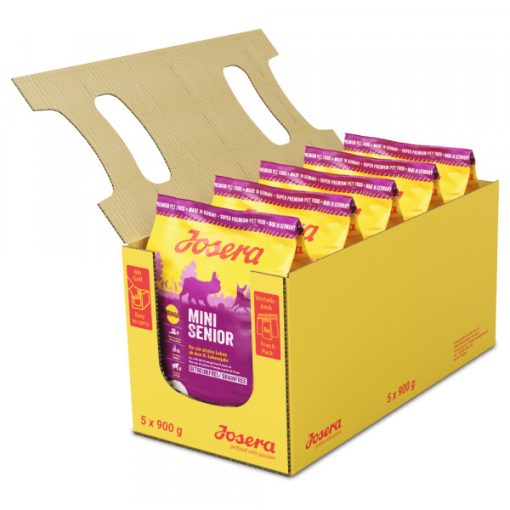 Josera Mini Senior é uma ração seca sem cereais à base de salmão e batata doce, para cães seniores mini, a partir dos 8 anos.
