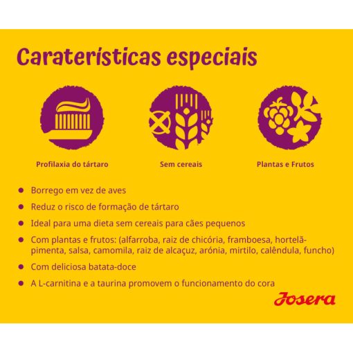 Josera Mini Deluxe é uma ração seca sem cereais para cães adultos de porte pequeno formulada com borrego, legumes, plantas e frutos.