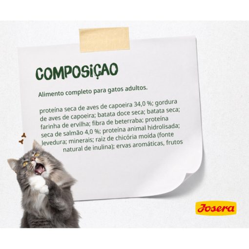 Josera NatureCat Grainfree é uma ração seca para gato adulto, sem cereais, com 30% de carne de aves, 10% de salmão, ervas e frutas saudáveis.