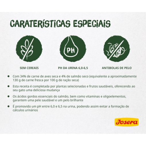 Josera NatureCat Grainfree é uma ração seca para gato adulto, sem cereais, com 30% de carne de aves, 10% de salmão, ervas e frutas saudáveis.