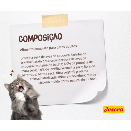 Josera Naturelle é uma ração seca para gato adulto esterilizado, formulado sem cereais e com truta e lentilhas, com teor moderado de gorduras