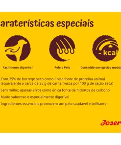 Josera Borrego e Arroz é uma ração seca para cão adulto que tem o borrego como única fonte de proteína animal. Uma dieta mais leve, para cães com necessidades energéticas normais ou inferiores.