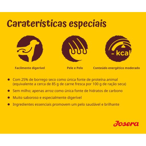 Josera Borrego e Arroz é uma ração seca para cão adulto que tem o borrego como única fonte de proteína animal. Uma dieta mais leve, para cães com necessidades energéticas normais ou inferiores.