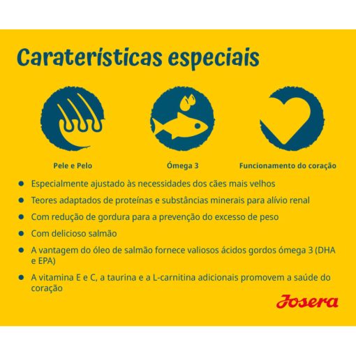 Josera Senior Plus é uma ração seca, especialmente formulada para cão sénior com sensibilidades, à base de salmão e rica em ácidos gordos essenciais.