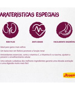 Josera Senior é a ração seca para o gato sénior com insuficiência renal crónica, devido à dose extra de antioxidantes essenciais e teor reduzido de fósforo.