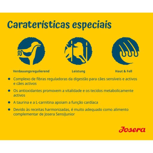 Josera Sensi Adult é uma ração seca para cão ativo, à base de pato e salmão, sem glúten, adequada a cães adultos de porte atlético e com sensibilidades.