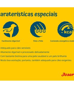 Josera SensiPlus é uma ração seca de pato para cães com adultos com sensibilidades, formulada em glúten e adequada a cães adultos sensíveis.