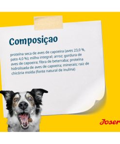 Josera SensiPlus é uma ração seca de pato para cães com adultos com sensibilidades, formulada em glúten e adequada a cães adultos sensíveis.