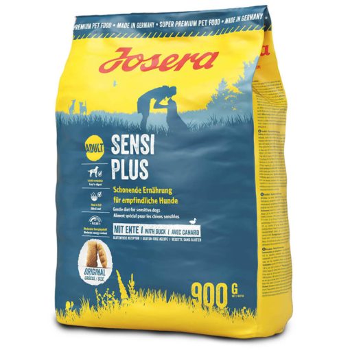 Josera SensiPlus é uma ração seca de pato para cães com adultos com sensibilidades, formulada em glúten e adequada a cães adultos sensíveis.